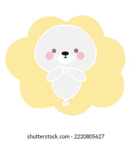 Cute baby seal on yellow cloud. Hand drawn vector illustration in crayon colored texture isolated on white background.