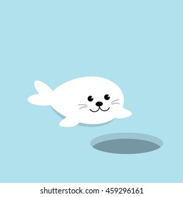 A Cute Baby Seal Pup cartoon character on blue background with Ice-hole. Harp seal pup invitation card Flat design Vector illustration.