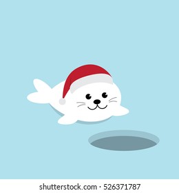 A Cute Baby Seal Pup cartoon character with Ice-hole invitation card. Harp seal pup  wearing Santa Claus hat flat design vector illustration.