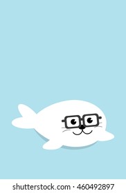 A Cute Baby Seal Pup Geek character with funny nerd glasses. Flat design vector illustration. Harp seal pup invitation card in 5x7 dimension. 