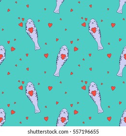 Cute baby seal, sea lion with hearts - vector hand drawn seamless pattern. Childish kawaii style sketch with small animal. Valentines day romantic wallpaper