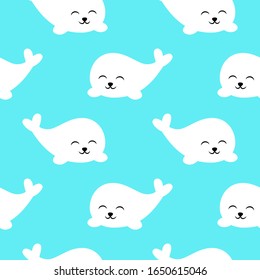 Cute baby seal. Seamless pattern on a blue background. Drawing for children. Vector.