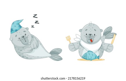 Cute Baby Seal Sleeping In Night Cap And With Knife And Fork Ready To Eat Fish Vector Set