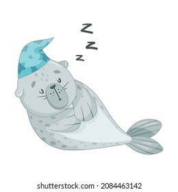 Cute Baby Seal Sleeping Wearing Bonnet . Funny Adorable Arctic Animal Character Cartoon Vector Illustration