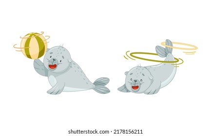 Cute Baby Seal Spinning Ball and Hula Hoops Doing Circus Performance Vector Set