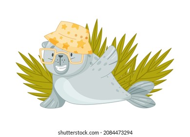 Cute baby seal sunbathing on the beach. Funny adorable arctic animal character cartoon vector illustration