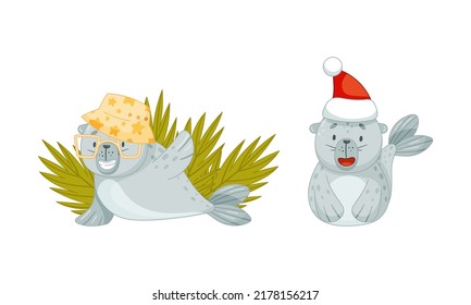 Cute Baby Seal Wearing Bucket Hat on Beach Waving Flipper and in Red Santa Hat Vector Set