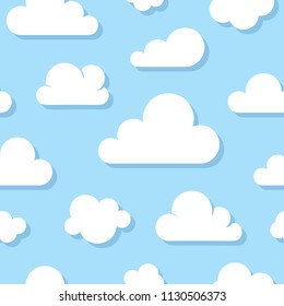 Cute baby seamless pattern with blue sky with white clouds flat icons. Cloud symbols background for kids fabric, nursery. Cloudy weather.