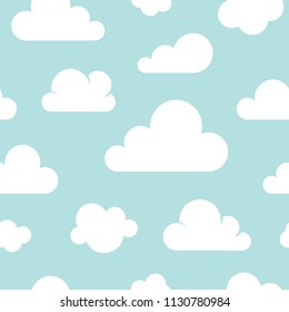 Cute baby seamless pattern with blue sky with white clouds flat icons. Cloud symbols background for kids fabric, nursery. Cloudy weather.