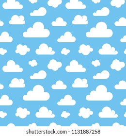 Cute baby seamless pattern with blue sky with white clouds flat icons. Cloud symbols background for kids fabric, nursery. Cloudy weather.