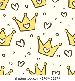 Dibujos animados del patrón inconsútil del bebé lindo de una corona de oro y del corazón en el fondo blanco. Esta ilustración de dibujos animados dibujada a mano adorable. Adecuado para envolver papel, Fondo de pantalla, estampados y ropa de niños.