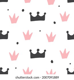 Cute baby Seamless pattern with crowns. Girlish cartoon simple crown background, Little princess design for nursery and kids girls apparel, fabrics,  gift card, wrapping paper, wallpaper