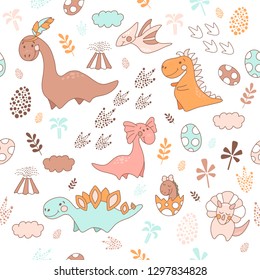 cute baby seamless pattern with dinosaurs, vector illustration on white background