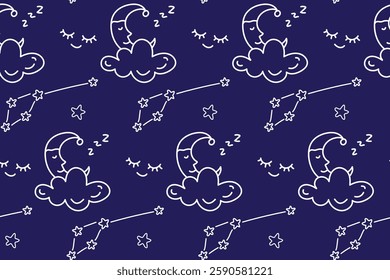 Cute baby seamless pattern doodle with moon and clouds, constellation. Pattern for children's pajamas Good night Vector illustration hand drawn in cartoon style