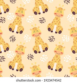 Cute baby seamless pattern with giraffe. Flat vector illustration for fabric, wallpaper and wrapping paper