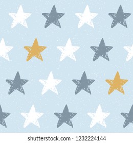 Cute baby seamless pattern with hand drawn stars. Scandinavian stamp textured background. Vector illustration for gift, design and print.