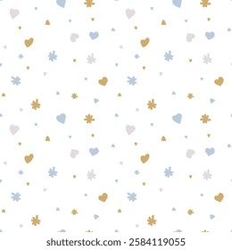Cute Baby Seamless Pattern. Seamless pattern with hearts, flowers and stars. Background for babies