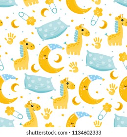 Cute Baby Seamless Pattern. Illustration With Different Elements Of Baby Shower. Sweet Dreams. Background For Fabric Print, Texture And Wrapping Paper.