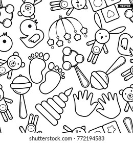 Cute baby seamless pattern, isolated line art decoration background.