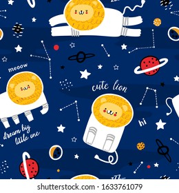 Cute baby seamless pattern with lion astronaut illustration. Creative vector childish background for fabric, textile, nursery wallpaper. Vector Illustration.