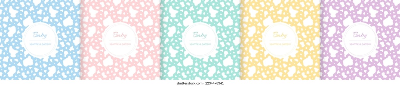 Patrón de bebé sin soldadura. Patrón repetitivo de niño. Niñas y niños imprimen diseño. Papel tapiz repetido. Tonos pasteles. Repetir el fondo secundario. Azul suave, rosa, amarillo, verde. Ilustración del vector