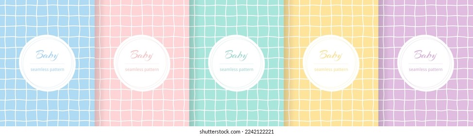 Cute baby seamless pattern. Repeating kid pattern. Girls and boys prints design. Repeated wallpaper. Pastel line. Repeat child background. Soft blue, pink, yellow, green color. Vector illustration