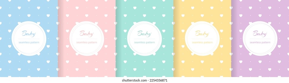 Cute baby seamless pattern. Repeating kid pattern. Girls and boys prints design. Repeated wallpaper. Pastel heart. Repeat child background. Soft blue, pink, yellow, green color. Vector illustration