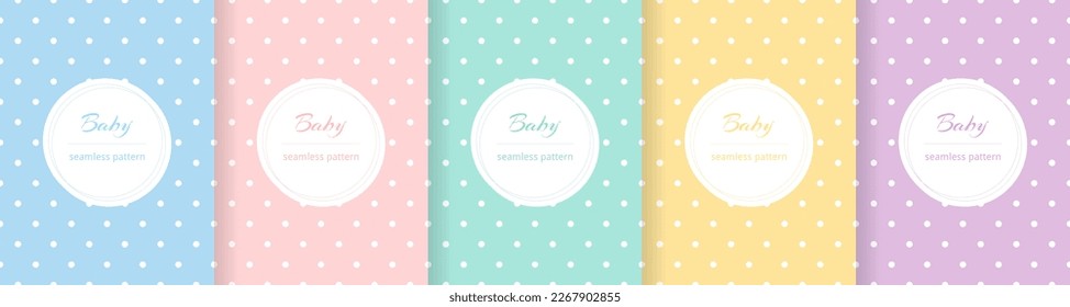 Cute baby seamless pattern. Repeating kid background. Girls and boys design fpr prints. Repeated simple dot texture. Repeat child cartoon. Set soft blue, pink, yellow, green color. Vector illustration