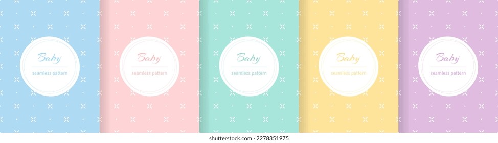 Cute baby seamless pattern. Repeating kid background. Girls and boys design for prints. Repeated simple dot texture. Repeat child cartoon. Set soft blue, pink, yellow, green color. Vector illustration