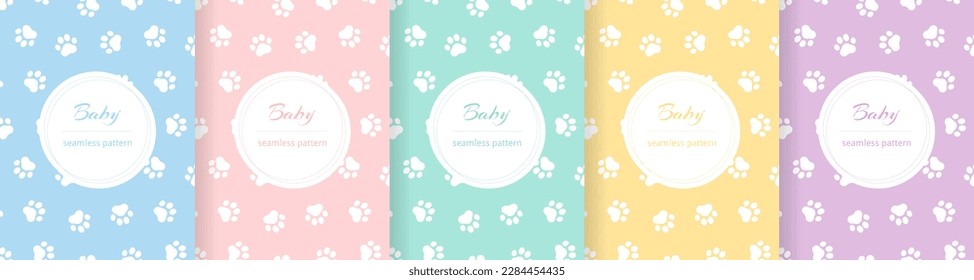 Cute baby seamless pattern. Repeating kid pattern. Girls and boys prints design. Repeated pastel paw wallpaper. Repeat child background. Soft blue, pink, yellow, green color. Vector illustration