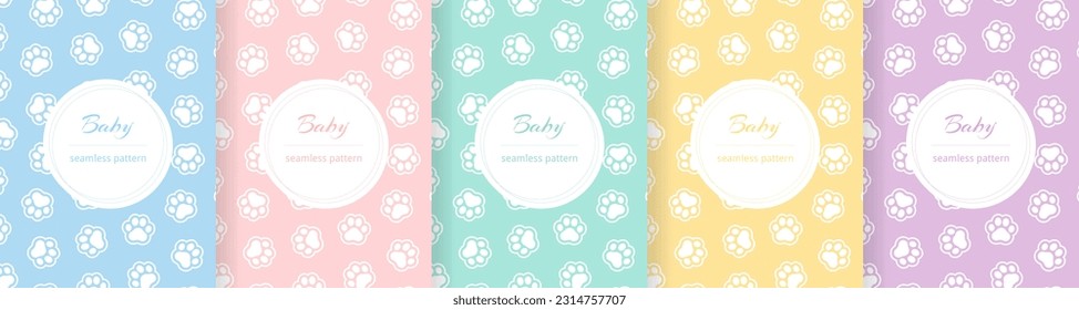 Cute baby seamless pattern. Repeating kid pattern. Girls and boys prints design. Repeated pastel paw wallpaper. Repeat child background. Soft blue, pink, yellow, green color. Vector illustration