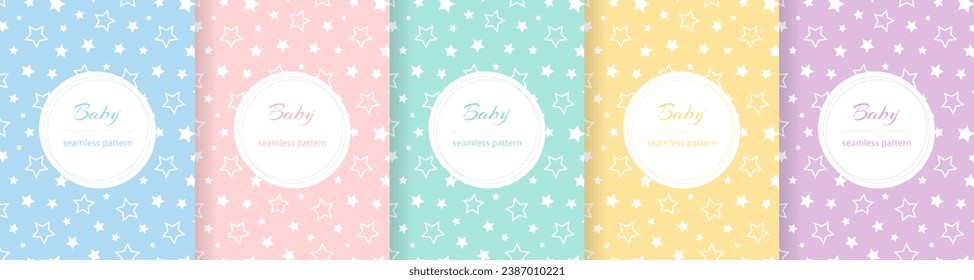 Cute baby seamless pattern. Repeating kid pattern. Girls and boys prints design. Repeated wallpaper. Pastel line. Repeat child background. Soft blue, pink, yellow, green color. Vector illustration