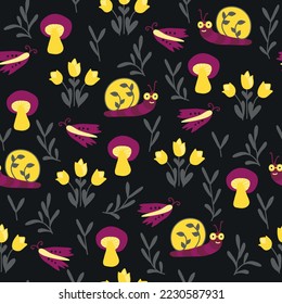 Cute baby seamless pattern with snails, butterflies and mushrooms.  Print for textile, wallpaper, covers, surface. For fashion fabric. Kids print