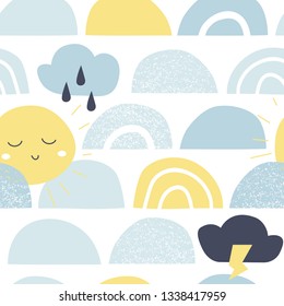 Cute baby seamless pattern with sun, rainbow and cloud. Vector childish background in scandinavian style. Vector illustration for print, design, fabric.