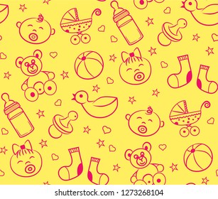  Cute baby seamless pattern for textile, print, greeting cards, wrapping paper, wallpaper. Vector illustration design line scetch stile