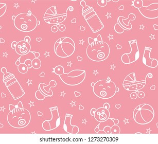  Cute baby seamless pattern for textile, print, greeting cards, wrapping paper, wallpaper. Vector illustration design line scetch stile