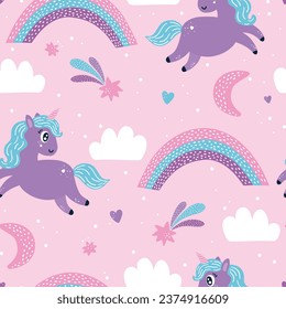 Cute baby seamless pattern with unicorns and rainbows.