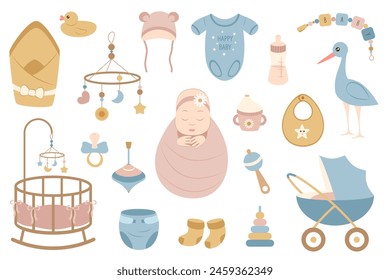 Cute baby set. Cradle, stroller, toys, pacifier. Collection of vector elements on white background for design of postcards, posters, stickers, stickers.