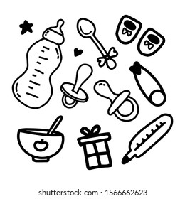 Cute baby set with elements for a newborn in doodle style isolated.Feeding bottle, spoon, plate, thermometer, pin nipples, gift box, socks.Outline black illustration.Design icon,print on kids clothes