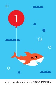 cute baby shark 1st birthday greeting card with ballon