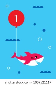 cute baby shark 1st birthday greeting card with ballon