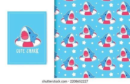 Cute baby shark cartoon doodle seamless pattern and kawaii card