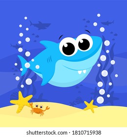 Cute Baby Shark Cartoon Illustration With Bubbles And Under The Sea Background. Design For Baby And Child