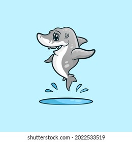 Cute Baby Shark Jumping from Water Illustration Design. Fish Animal Wildlife Concept Illustration Design in Blue Background