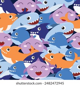 cute baby shark and little fish seamless pattern