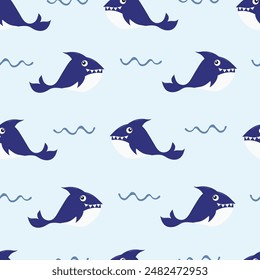 cute baby shark and little fish seamless pattern