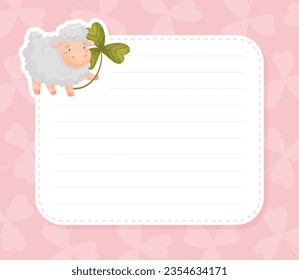 Cute Baby Sheep Animal with Three Leaf Clover Empty Card Vector Template