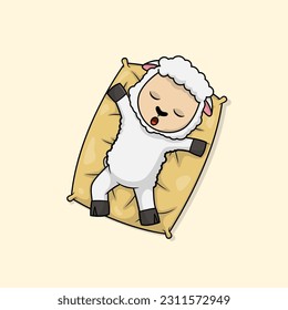 Cute baby sheep cartoon sleeping on pillow flat vector icon illustration. Flat vector illustration, flat icon sticker isolated.