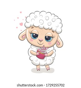 Cute baby sheep with cupcake. Vector illustration for baby shower, greeting card, party invitation, fashion clothes t-shirt print.