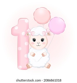 Cute baby sheep, first birthday party, Happy birthday 1 year old